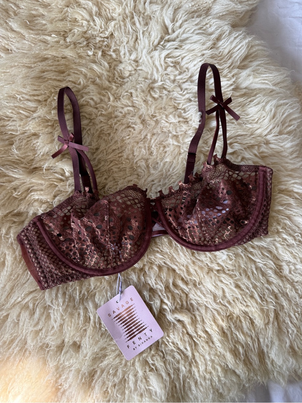 Savage X Fenty Starlet Nights Unlined Lace Balconette Bra Rum Wine Gold Foil